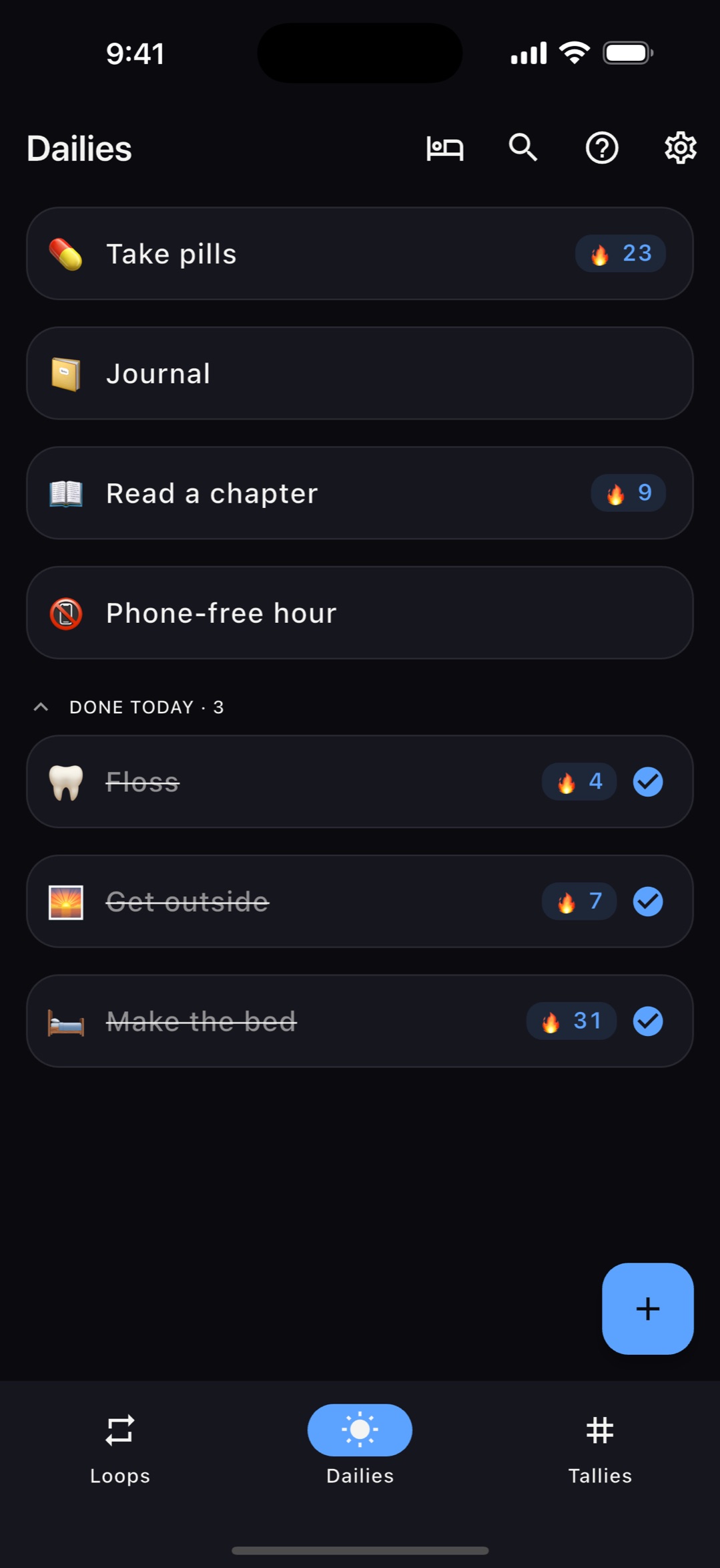 Dailies list — pending items above, done-today below