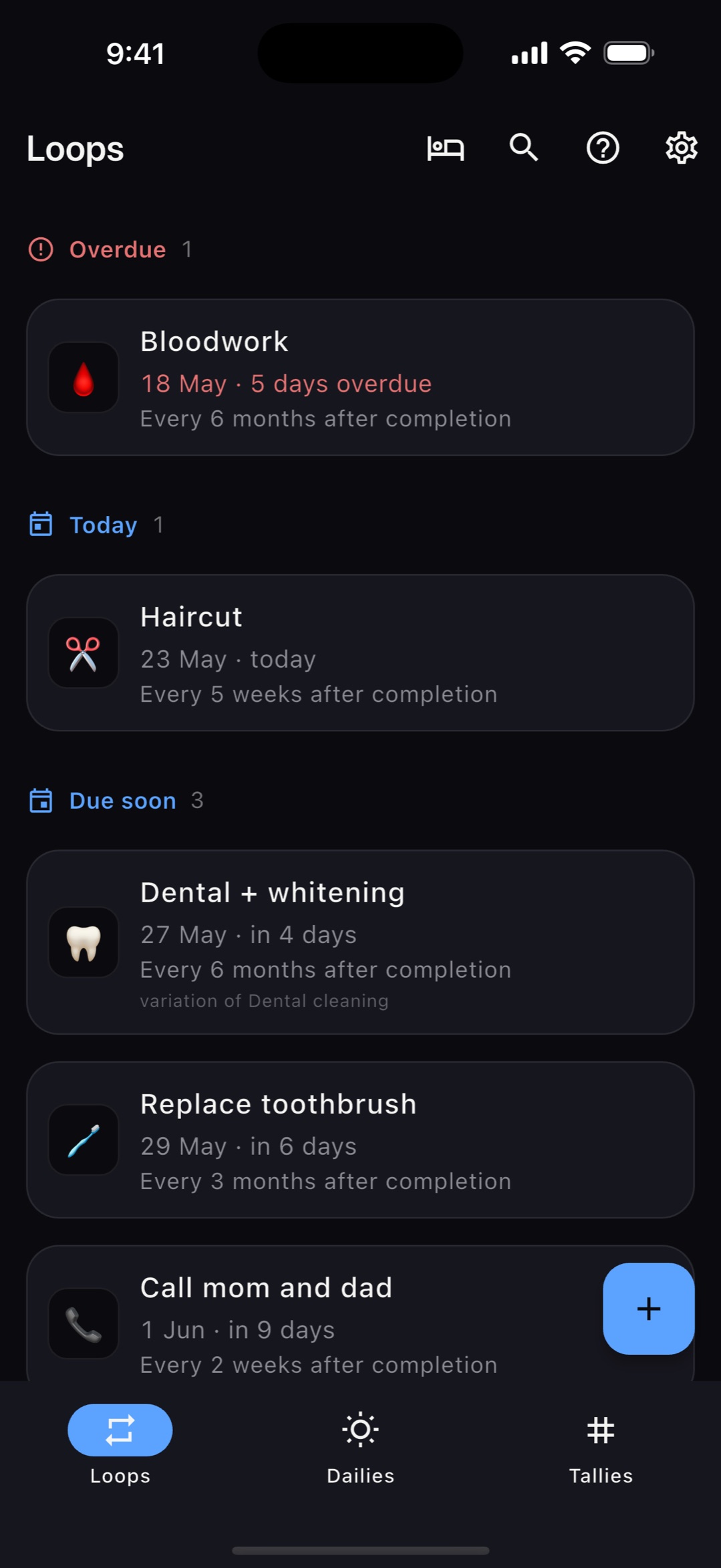Loops — recurring tasks that repeat from completion, grouped by overdue, today, due soon, and later