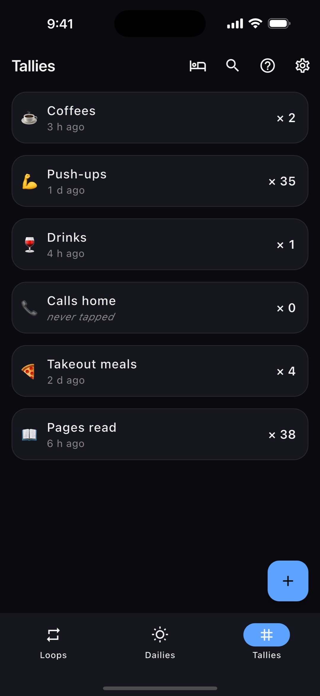 Tallies list with counters and last-tap times